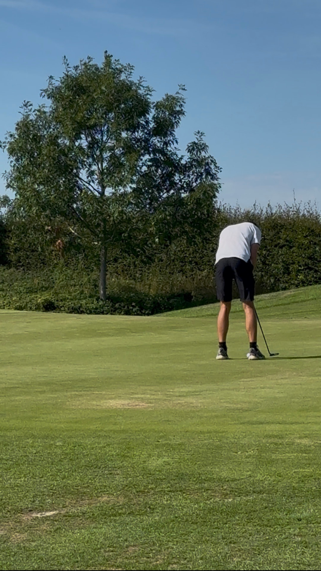 Un joueur de golf penche sur sa balle, club en main, sur un green