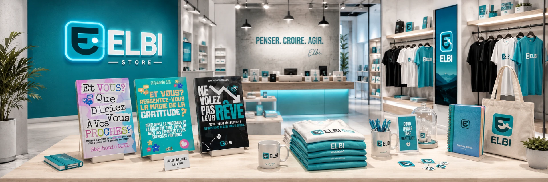 Boutique ELBI Store : livres des éditions ELBI, dont Ne Volez Pas Leur Rêve, textiles, mugs et carnets aux couleurs de la maison