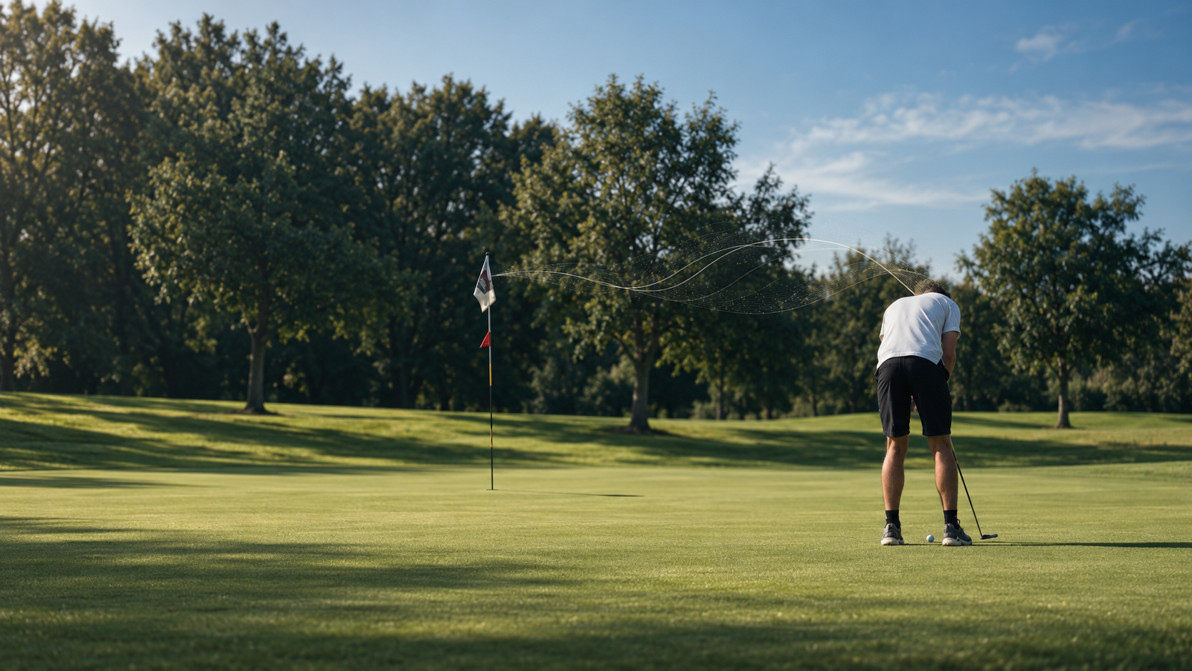 Golfeur seul sur un green au petit matin, concentré avant son putt