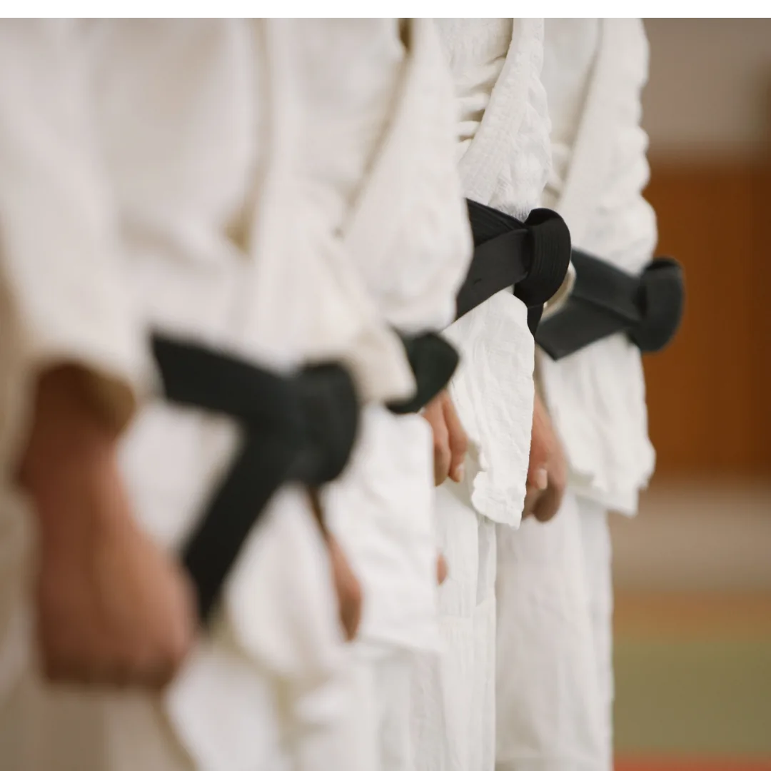 Rangée de pratiquants en kimono blanc, ceinture noire, alignés dans un dojo