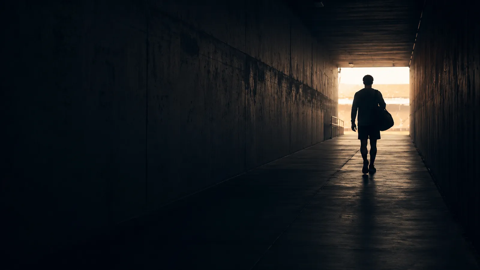 Athlète de dos, sac de sport à la main, marchant dans le couloir sombre d'un stade vers la lumière du terrain