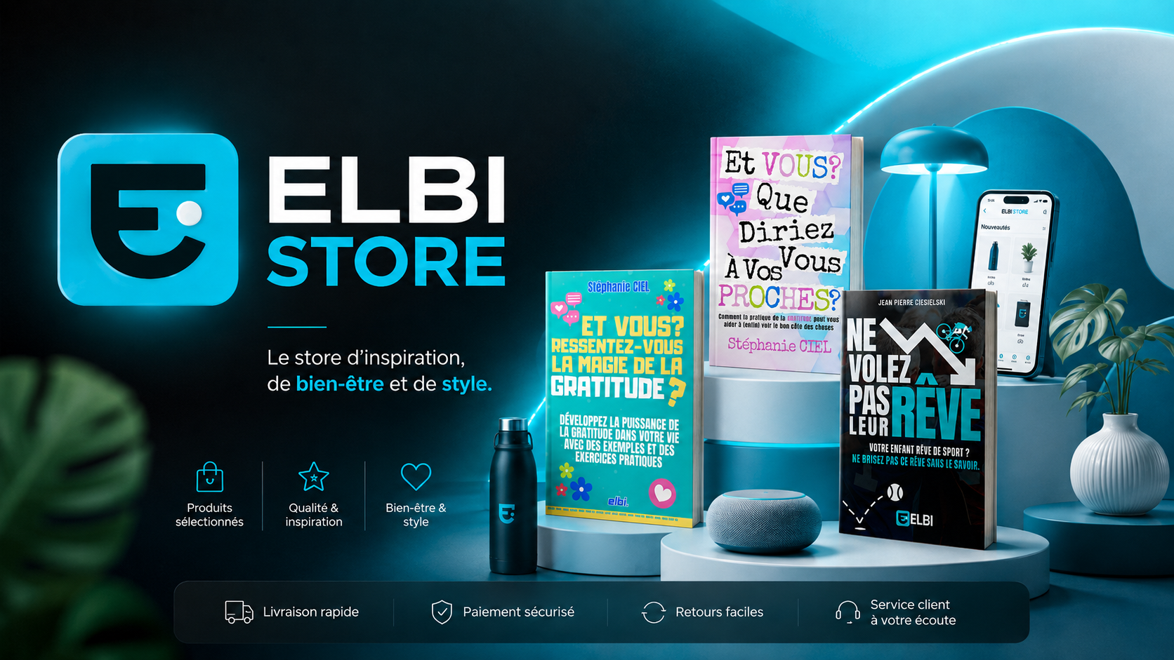 Boutique ELBI Store : livres des éditions ELBI, dont Ne Volez Pas Leur Rêve, gourdes et objets bien-être