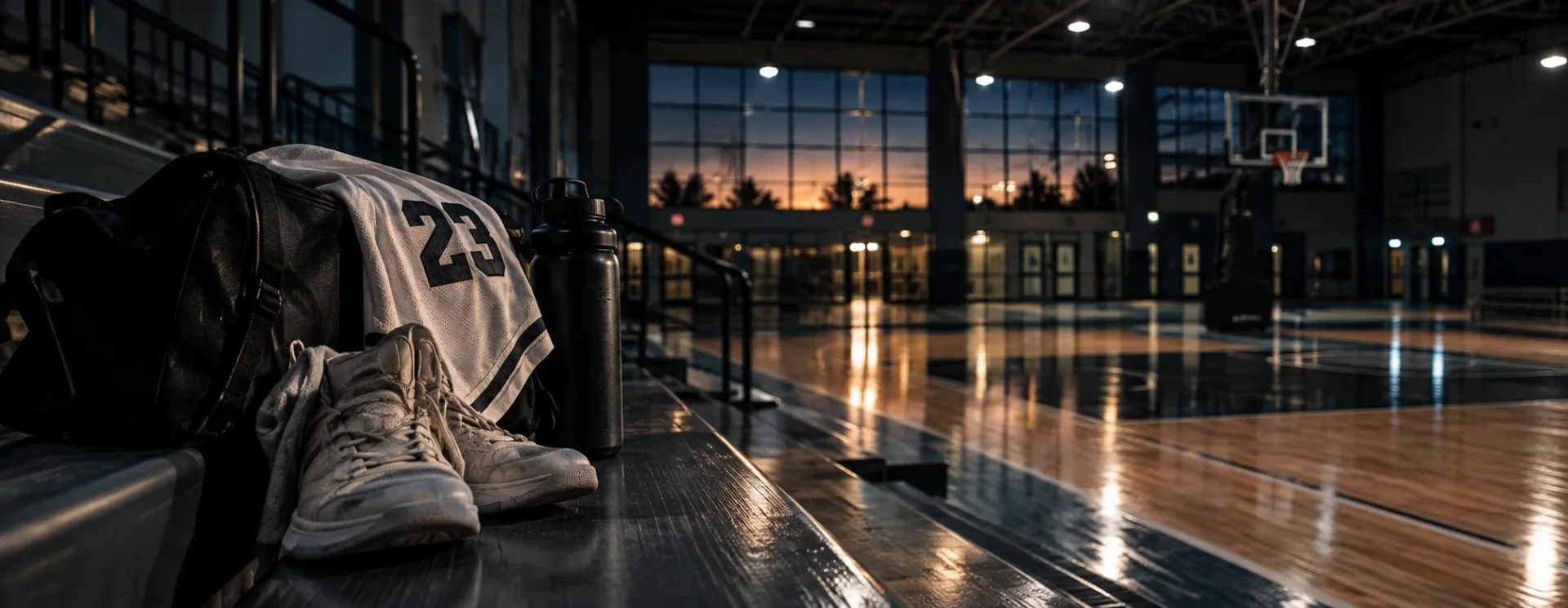 Un sac de sport, un maillot et des chaussures sur un banc, dans une salle vide au coucher du soleil