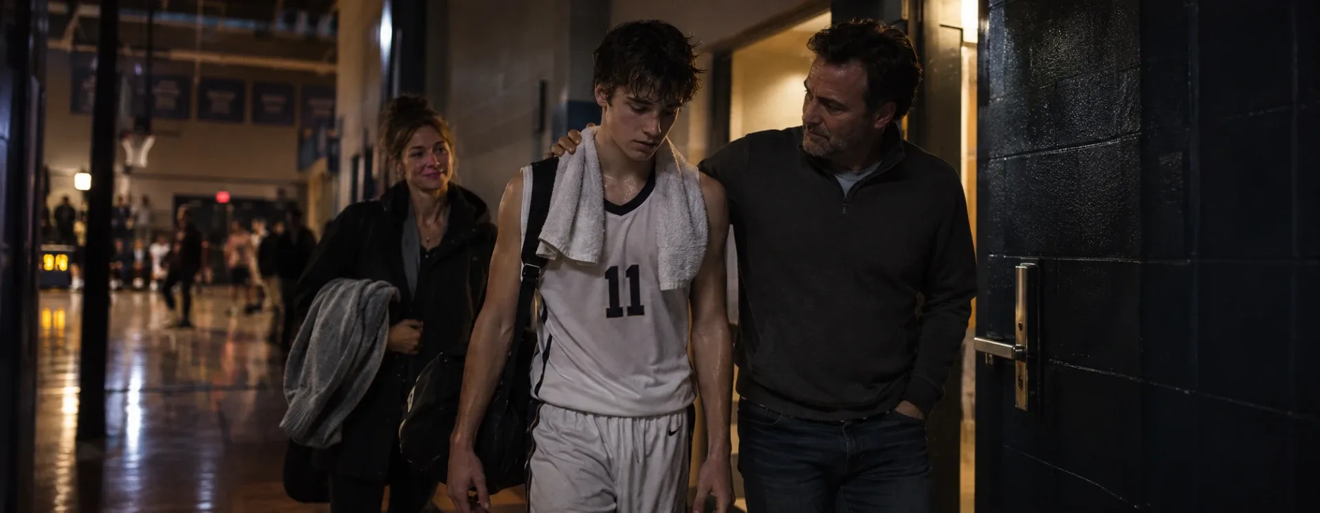 Un jeune joueur après un match, accompagné de ses deux parents dans le couloir de la salle
