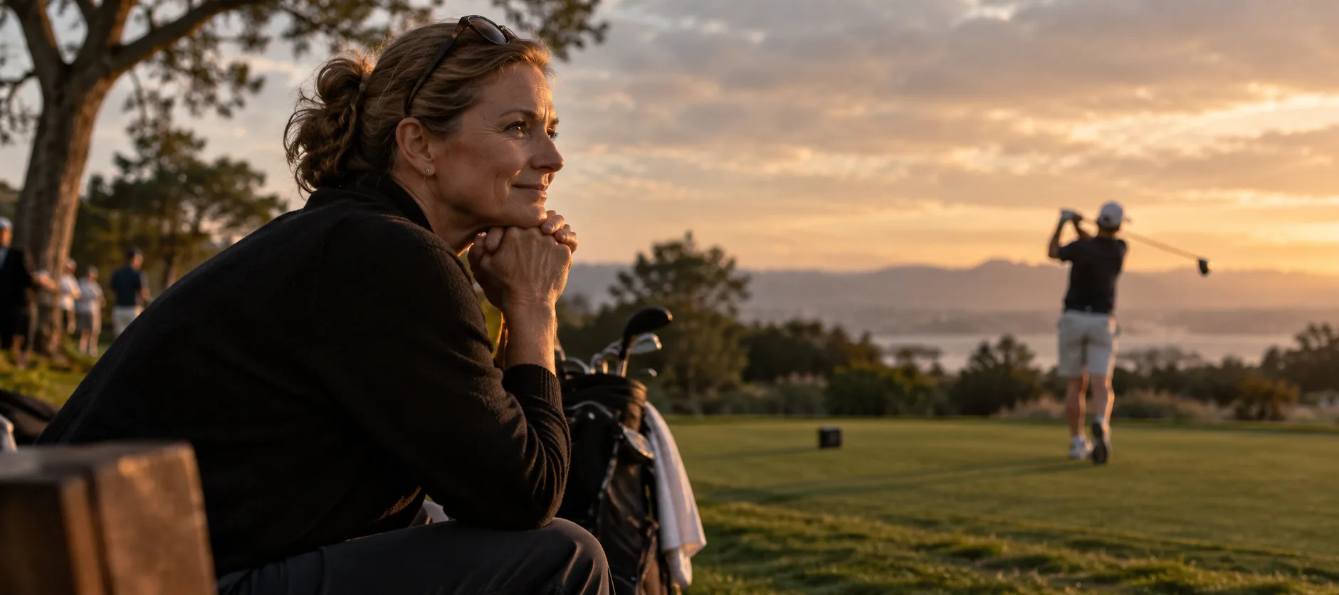 Une mère assise sur un banc au coucher du soleil, qui regarde son enfant s'entraîner au golf